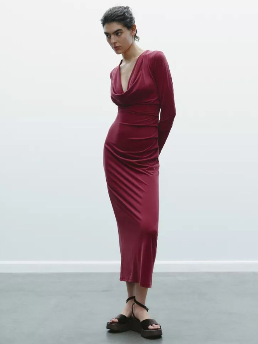ZARA ZW Collection Women Burgundy Draped Jersey Midi Dress Size M NWT